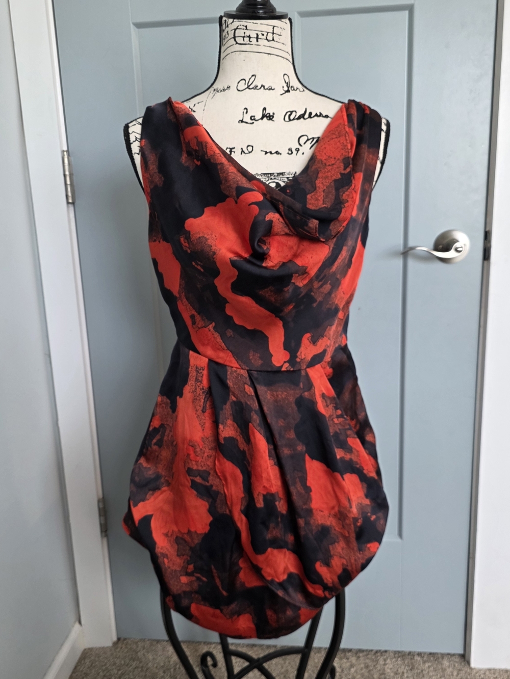 Marc New York Abstract Cowl Neck Mini Dress Red Black Watercolor Size 4 S
